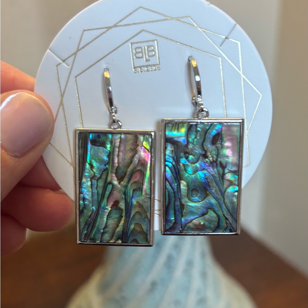 Iridescent Abalone Rectangle Drop Earrings with Huggie Clasp. NEW! - Picture 1 of 5